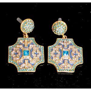 Gold tone Blue enamel paint W Geometric design Blue Rhinestone Dangle Earrings
